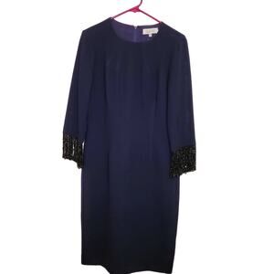 New Rickie Freeman for Teri Jon navy beaded fringe sleeve sheath dress size 8